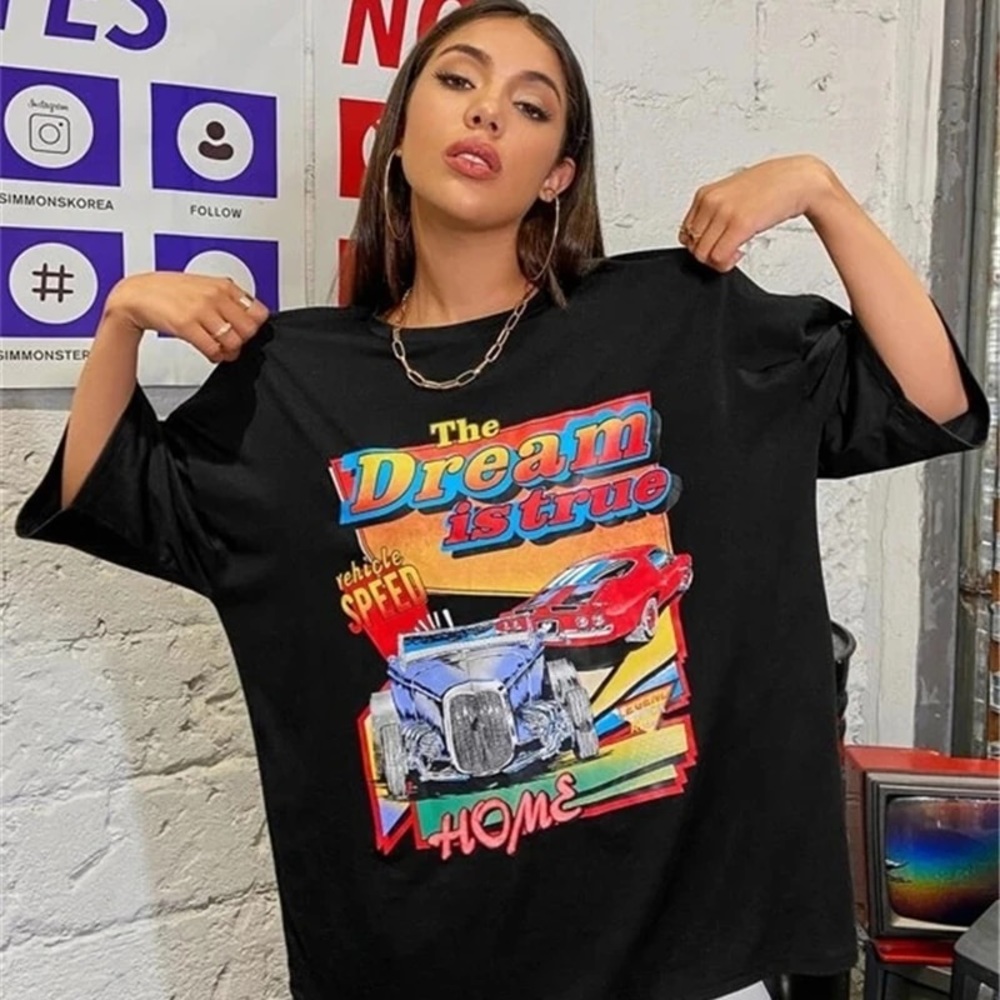 SHEIN EZwear Round Neck Graphic Car Print Tee (M)